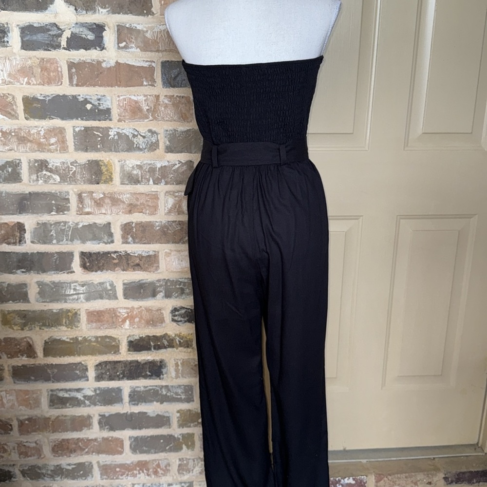 Monteau Black Strapless Jumpsuit Belted Linen Blend Wide-Leg Palazzo Style Sz M - Picture 5 of 13